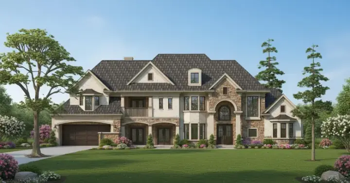 European house plans 62-434 - front exterior, 5,348 sq ft, 5 bed, 5 bath house plans | Monster House Plans