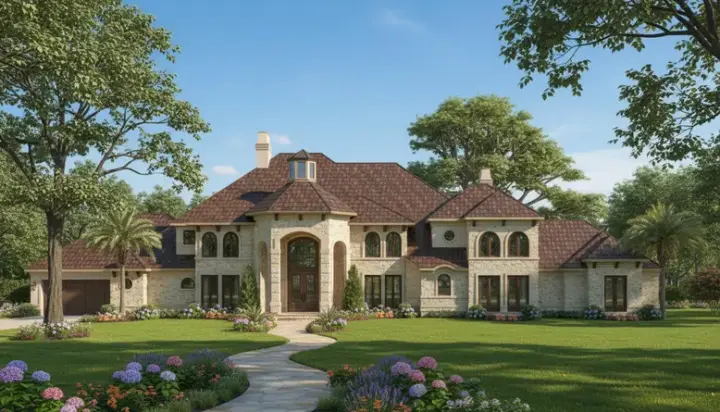 Mediterranean house plans 62-468 - front exterior, 6,354 sq ft, 5 bed, 5 bath house plans | Monster House Plans