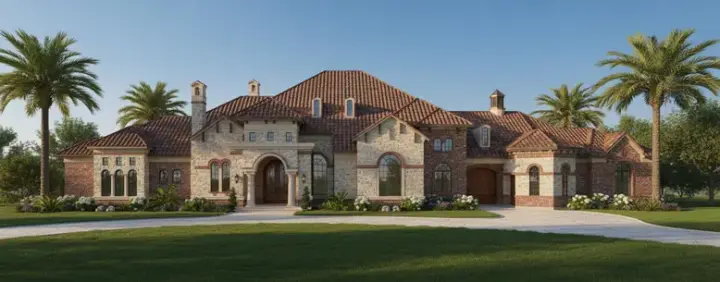 Spanish house plans 62-478 - front exterior, 6,804 sq ft, 4 bed, 5 bath house plans | Monster House Plans