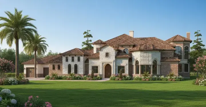 Spanish house plans 62-487 - front exterior, 7,546 sq ft, 3 bed, 3 bath house plans | Monster House Plans