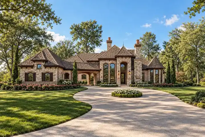 European house plans 63-166 - front exterior, 6,550 sq ft, 5 bed, 5 bath house plans | Monster House Plans
