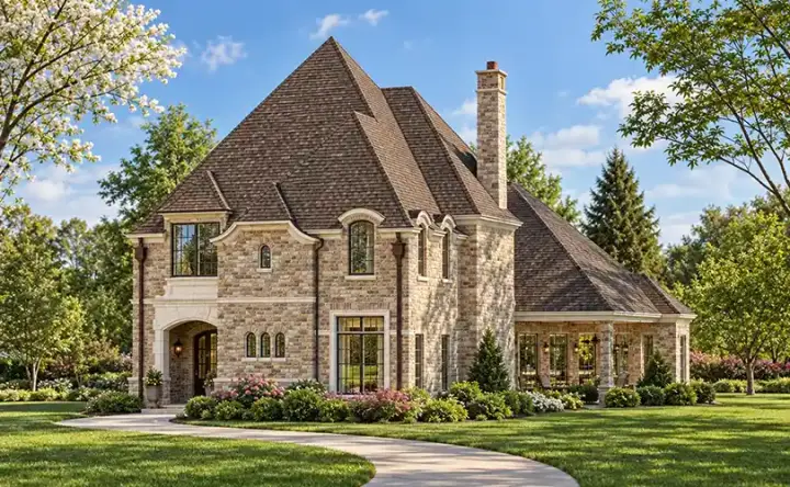 European house plans 63-183 - front exterior, 3,938 sq ft, 3 bed, 3 bath house plans | Monster House Plans