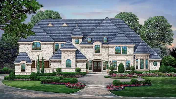 European house plans 63-255 - front exterior, 7,823 sq ft, 5 bed, 5 bath house plans | Monster House Plans