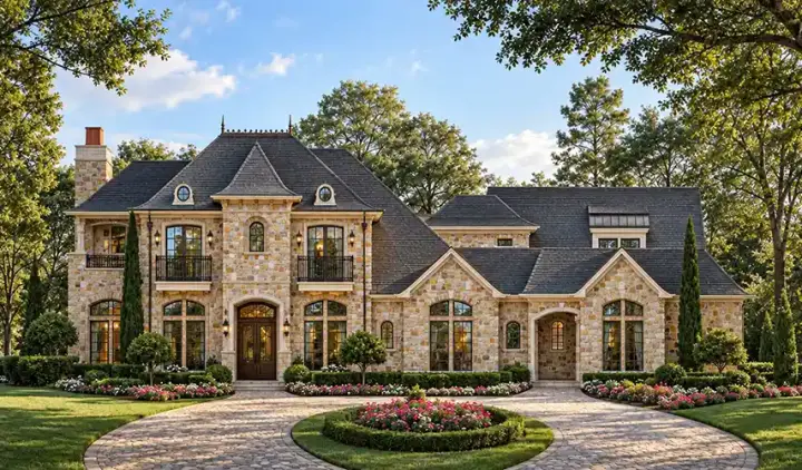 European house plans 63-347 - front exterior, 4,671 sq ft, 4 bed, 4 bath house plans | Monster House Plans
