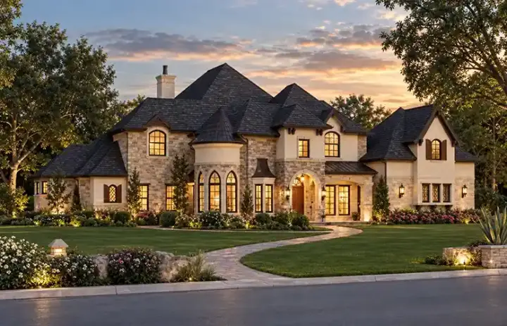 European house plans 63-505 - front exterior, 4,691 sq ft, 4 bed, 4 bath house plans | Monster House Plans