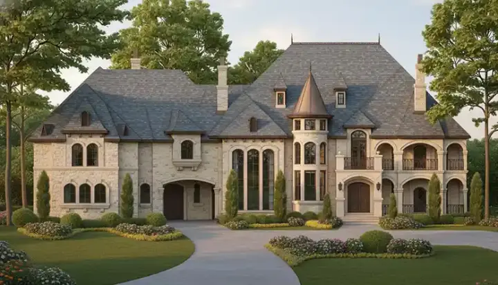 European house plans 63-577 - front exterior, 15,658 sq ft, 6 bed, 7 bath house plans | Monster House Plans
