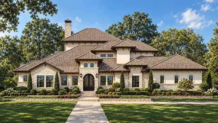 Spanish house plans 63-667 - front exterior, 5,443 sq ft, 5 bed, 5 bath house plans | Monster House Plans