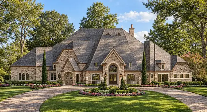 European house plans 63-674 - front exterior, 6,091 sq ft, 5 bed, 5 bath house plans | Monster House Plans