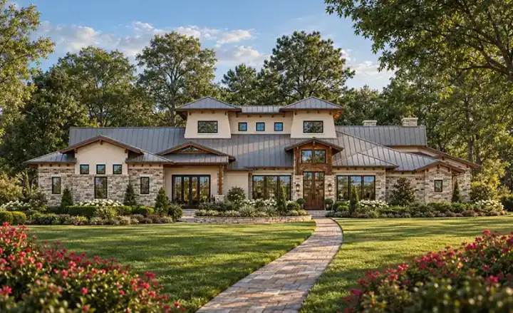 Contemporary house plans 63-687 - front exterior, 6,083 sq ft, 4 bed, 4 bath house plans | Monster House Plans