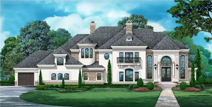 European house plans 63-730 - front exterior, 6,242 sq ft, 5 bed, 5 bath house plans | Monster House Plans