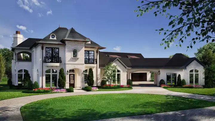 French Country house plans 63-767 - front exterior, 4,805 sq ft, 4 bed, 4 bath house plans | Monster House Plans