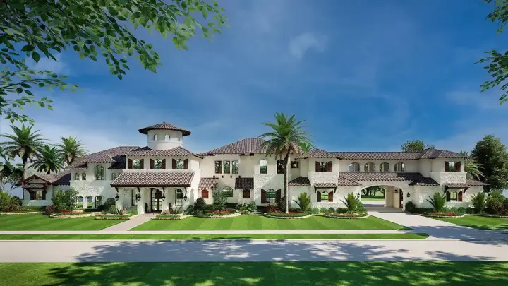 Spanish house plans 63-772 - front exterior, 6,627 sq ft, 5 bed, 5 bath house plans | Monster House Plans