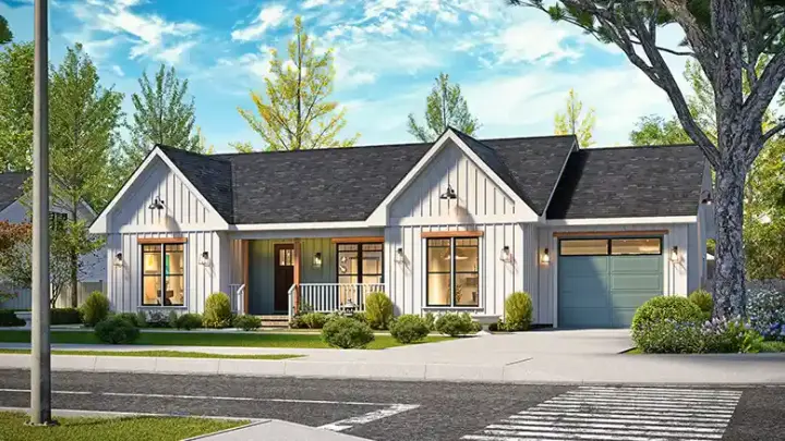 Ranch house plans 66-124 - front exterior, 1,150 sq ft, 3 bed, 2 bath house plans | Monster House Plans