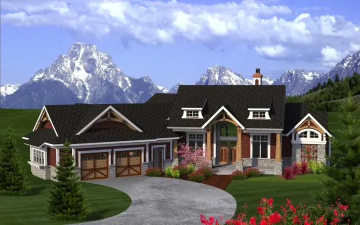 Mountain Rustic house plans 7-1166 - front exterior, 1,836 sq ft, 2 bed, 2 bath house plans | Monster House Plans