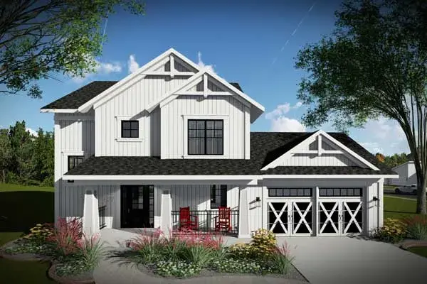 Modern Farmhouse house plans 7-1302 - front exterior, 1,495 sq ft, 3 bed, 2 bath house plans | Monster House Plans