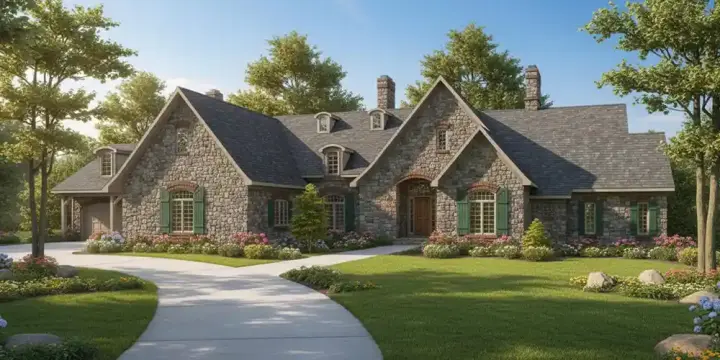 French Country house plans 7-400 - front exterior, 3,774 sq ft, 3 bed, 2 bath house plans | Monster House Plans