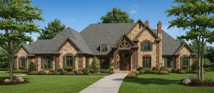English Country house plans 7-509 - front exterior, 6,571 sq ft, 4 bed, 5 bath house plans | Monster House Plans