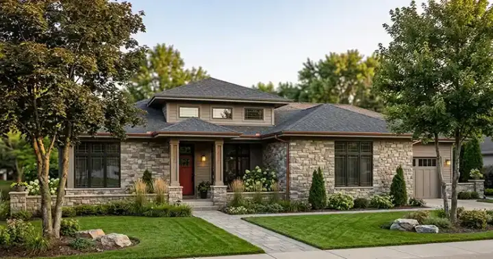 Prairie house plans 7-914 - front exterior, 2,017 sq ft, 2 bed, 2 bath house plans | Monster House Plans