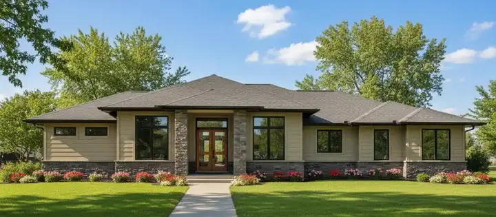 Prairie house plans 7-983 - front exterior, 3,661 sq ft, 5 bed, 3 bath house plans | Monster House Plans