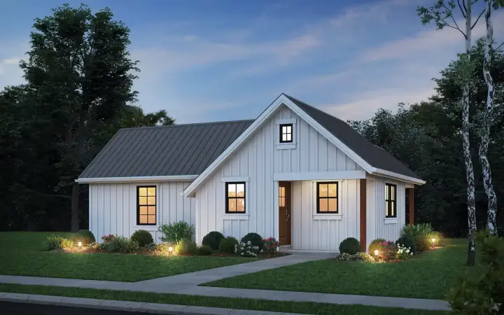 Modern Farmhouse house plans 74-1014 - front exterior, 648 sq ft, 1 bed, 1 bath house plans | Monster House Plans
