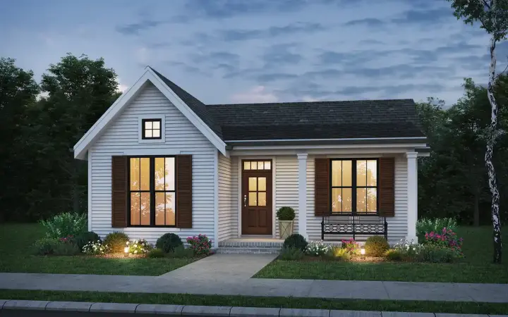 Cottage house plans 74-1023 - front exterior, 891 sq ft, 2 bed, 1 bath house plans | Monster House Plans
