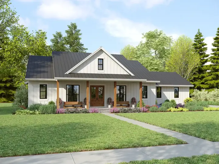 Modern Farmhouse house plans 74-1025 - front exterior, 2,057 sq ft, 3 bed, 3 bath house plans | Monster House Plans