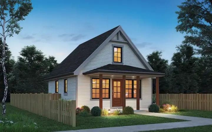 Modern Farmhouse house plans 74-1031 - front exterior, 705 sq ft, 2 bed, 1 bath house plans | Monster House Plans