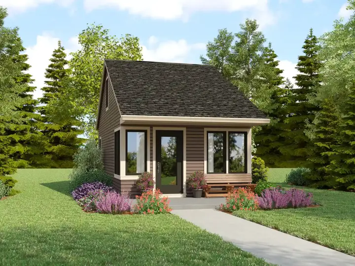 Contemporary house plans 74-1032 - front exterior, 677 sq ft, 1 bed, 1 bath house plans | Monster House Plans