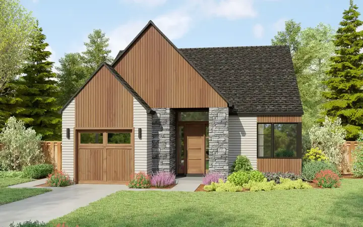 Scandinavian house plans 74-1043 - front exterior, 1,297 sq ft, 2 bed, 2 bath house plans | Monster House Plans