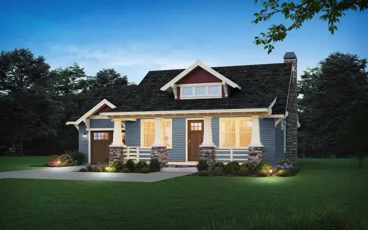 Bungalow house plans 74-1061 - front exterior, 1,124 sq ft, 2 bed, 2 bath house plans | Monster House Plans