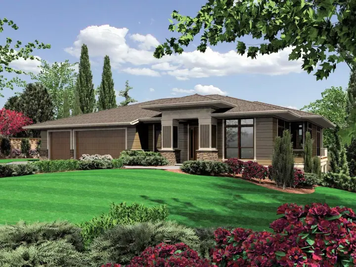 Prairie house plans 74-216 - front exterior, 3,682 sq ft, 4 bed, 4 bath house plans | Monster House Plans