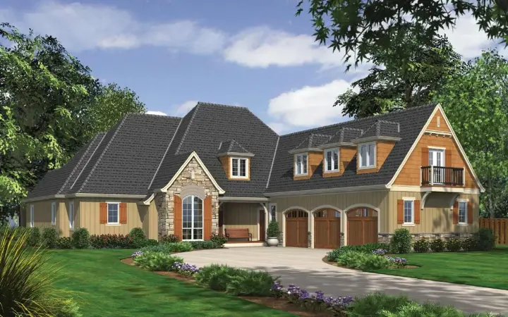 European house plans 74-422 - front exterior, 3,600 sq ft, 4 bed, 4 bath house plans | Monster House Plans