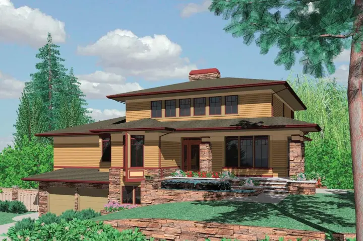 Prairie house plans 74-445 - front exterior, 4,716 sq ft, 5 bed, 4 bath house plans | Monster House Plans