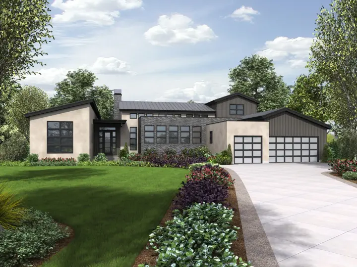 Modern house plans 74-795 - front exterior, 3,681 sq ft, 3 bed, 2 bath house plans | Monster House Plans