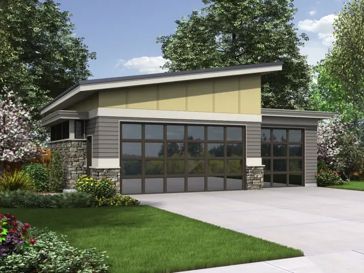 Contemporary house plans 74-797 - front exterior, 1,136 sq ft, 0 bed, 1 bath house plans | Monster House Plans