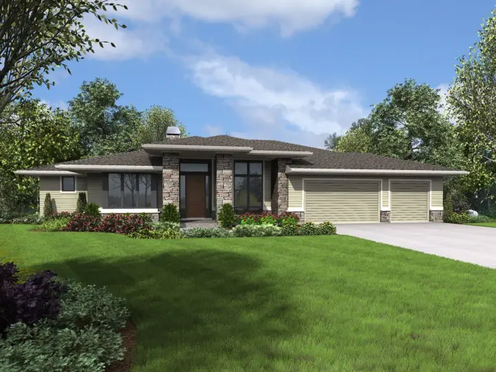 Prairie house plans 74-829 - front exterior, 3,528 sq ft, 3 bed, 2 bath house plans | Monster House Plans