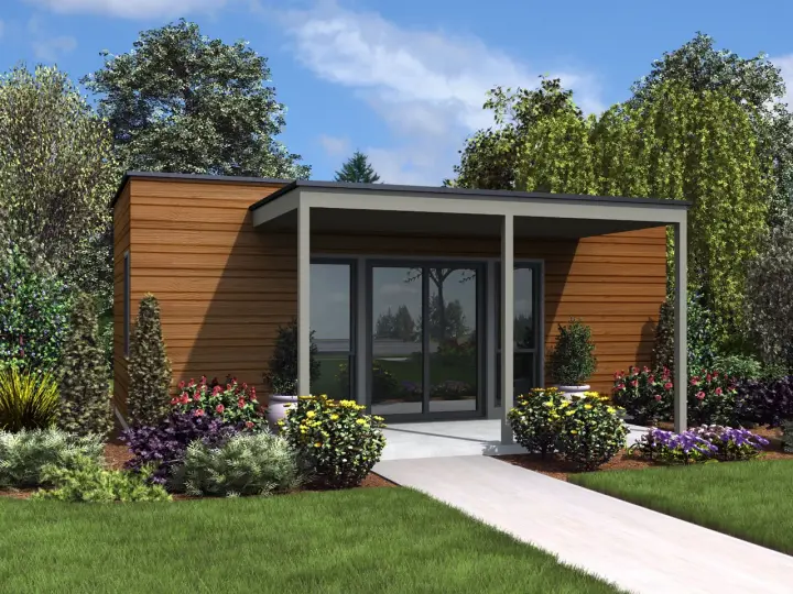 Modern house plans 74-850 - front exterior, 312 sq ft, 1 bed, 1 bath house plans | Monster House Plans