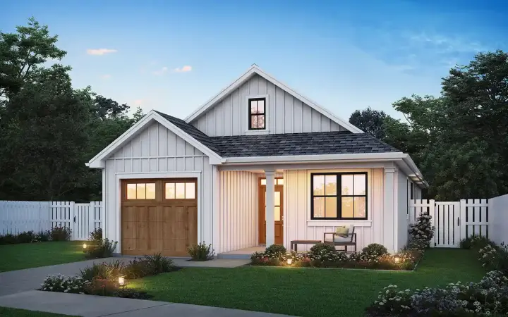 Modern Farmhouse house plans 74-988 - front exterior, 1,483 sq ft, 3 bed, 2 bath house plans | Monster House Plans
