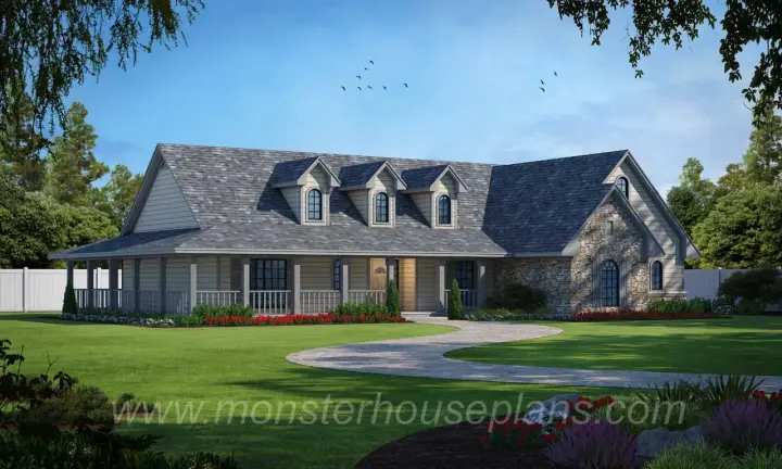 Country house plans 75-312 - front exterior, 1,775 sq ft, 3 bed, 2 bath house plans | Monster House Plans