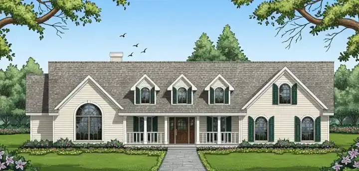 Country house plans 75-417 - front exterior, 2,040 sq ft, 4 bed, 2 bath house plans | Monster House Plans