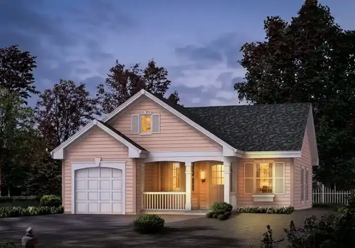Country house plans 77-234 - front exterior, 888 sq ft, 2 bed, 1 bath house plans | Monster House Plans