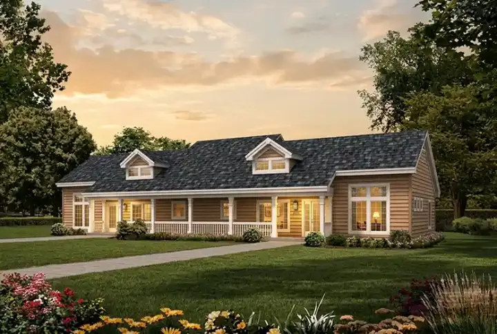 Ranch house plans 77-348 - front exterior, 2,088 sq ft, 4 bed, 2 bath house plans | Monster House Plans