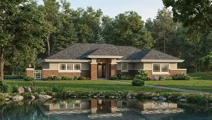 Prairie house plans 77-373 - front exterior, 1,763 sq ft, 3 bed, 2 bath house plans | Monster House Plans