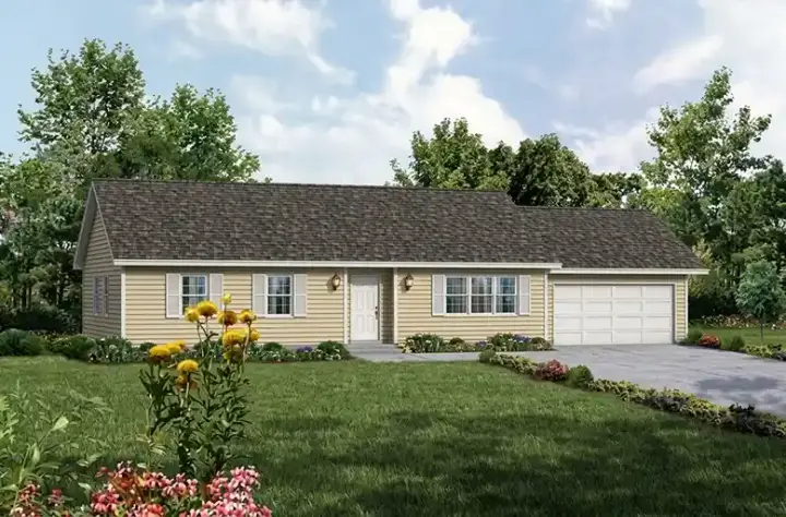 Ranch house plans 77-460 - front exterior, 1,343 sq ft, 3 bed, 2 bath house plans | Monster House Plans