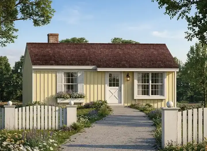 Cottage house plans 77-581 - front exterior, 768 sq ft, 2 bed, 1 bath house plans | Monster House Plans