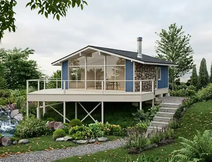Contemporary house plans 77-640 - front exterior, 624 sq ft, 2 bed, 1 bath house plans | Monster House Plans