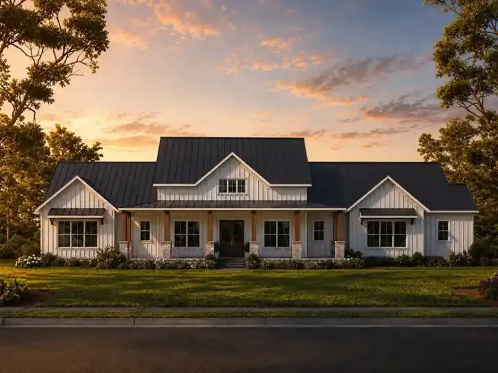 Modern Farmhouse house plans 78-138 - front exterior, 2,926 sq ft, 3 bed, 3 bath house plans | Monster House Plans