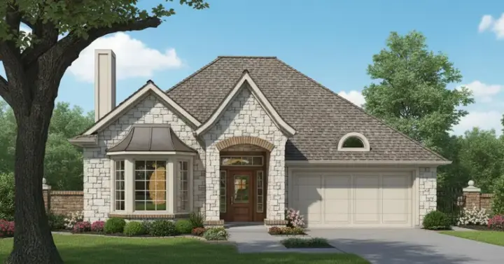 European house plans 8-117 - front exterior, 1,442 sq ft, 3 bed, 2 bath house plans | Monster House Plans