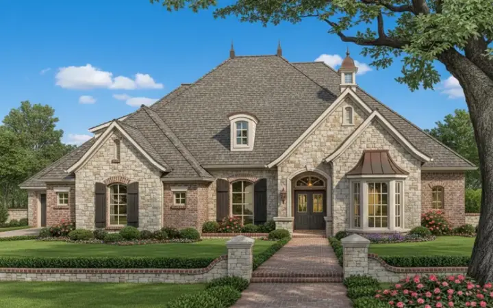 European house plans 8-467 - front exterior, 3,007 sq ft, 4 bed, 3 bath house plans | Monster House Plans