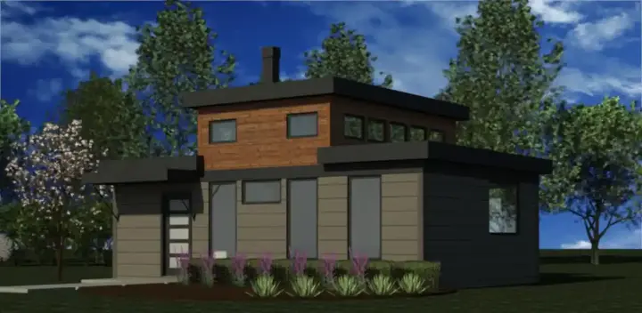 Modern house plans 84-103 - front exterior, 651 sq ft, 1 bed, 1 bath house plans | Monster House Plans
